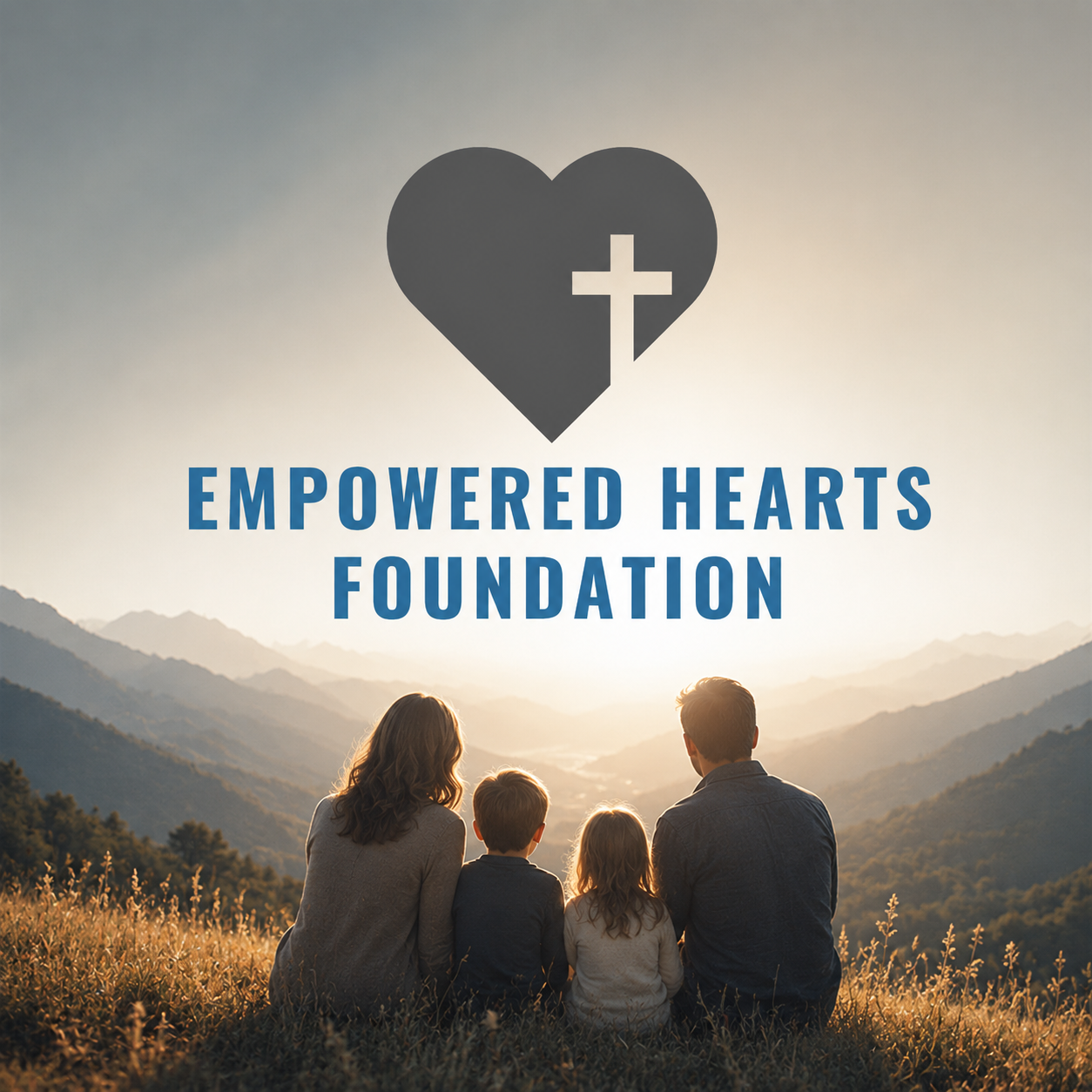 Empowered Hearts Foundation logo above a family looking toward a bright mountain horizon